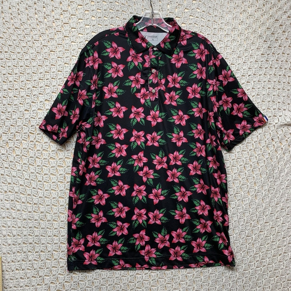 U Suck At Golf  Shirt Mens L Black Pink Polo Floral Hawaiian Performance Stretch